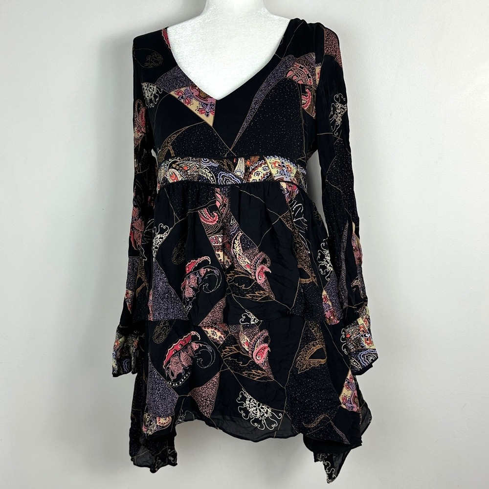 Elizabeth James 100% Silk Babydoll Y2K Lilou Patchwork Womens Sz‎ 12 Dark Floral